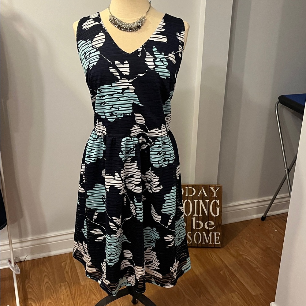 RICKIS blue white & green floral sleeveless summer dress size 16.